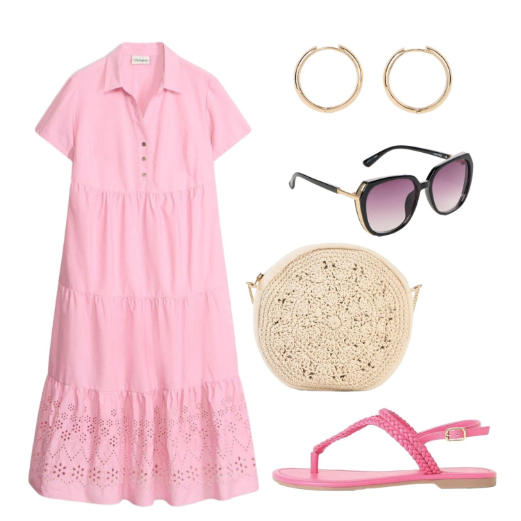 Outfit donna - Abito con balza. Stile Minimal per Mare. Abbinamento con vestiti, borse a tracolla, sandali, orecchini, occhiali da sole.