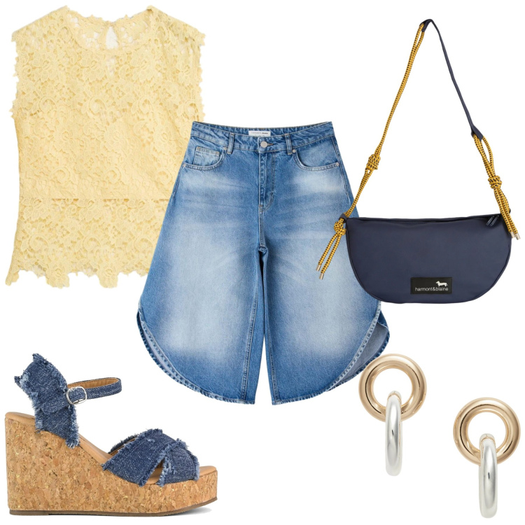 Outfit donna - Giallo amato giallo. Stile Casual chic per Tutti i giorni. Abbinamento con canottiere, pantaloni corti, borse a tracolla, orecchini, zeppe.