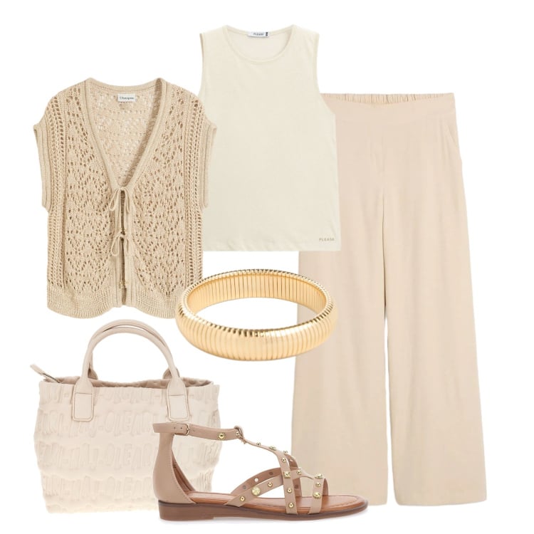 Outfit donna - Tonalità delicate. Stile Casual chic per Tutti i giorni. Abbinamento con maglieria, pantaloni a palazzo, braccialetti, top, sandali, borse a mano.