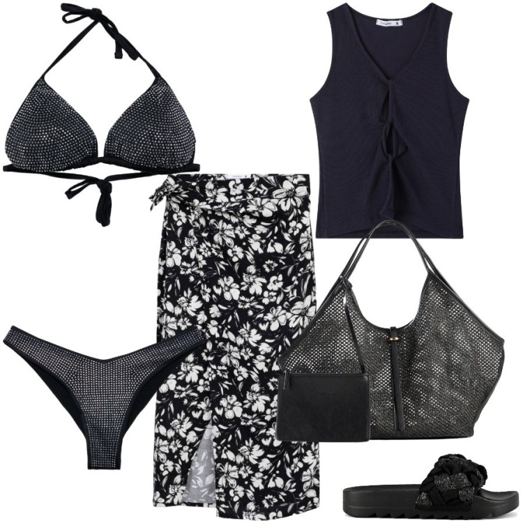 Outfit donna - Black and white. Stile Casual chic per Mare. Abbinamento con shopping bag, vestiti da spiaggia, top, bikini, bikini, ciabatte.