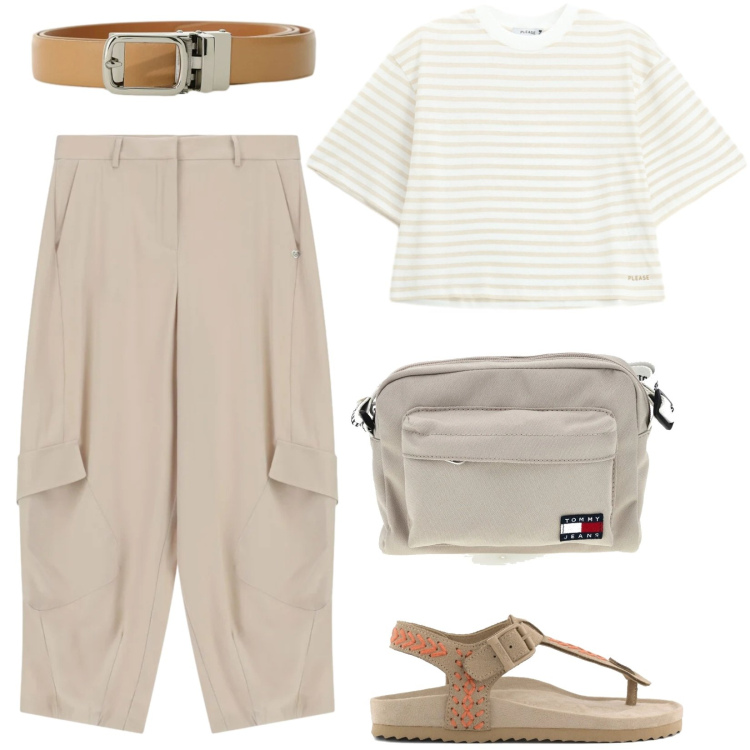 Outfit donna - Easy style. Stile Basic per Tutti i giorni. Abbinamento con cinture, pantaloni cargo, t-shirt, borse a tracolla, infradito.