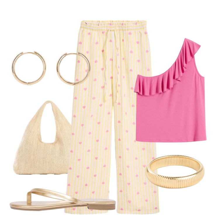 Outfit donna - Endless summer. Stile Minimal per Mare. Abbinamento con pantaloni, top, braccialetti, shopping bag, sandali, orecchini.