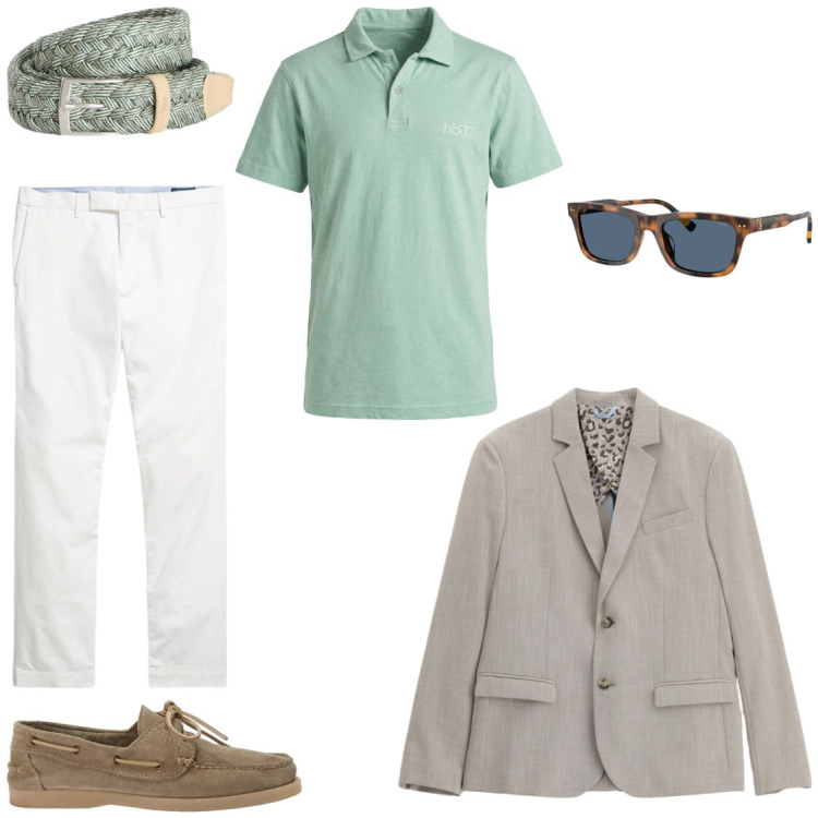 Outfit uomo - Blazer in lino d estate. Stile Urban per Tutti i giorni. Abbinamento con scarpe stringate, cinture, polo, giacche, occhiali da sole, pantaloni chino.