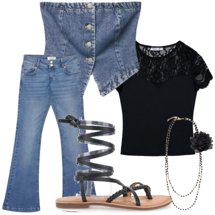 Outfit donna - Capi in denim di tendenza. Stile Rock per Tutti i giorni. Abbinamento con top, t-shirt, jeans a zampa, collane, sandali.