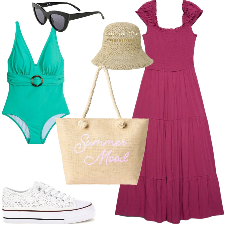 Outfit donna - Una giornata al mare. Stile Casual chic per Mare. Abbinamento con costumi interi, occhiali da sole, borse tote, vestiti lunghi, cappelli, sneakers.