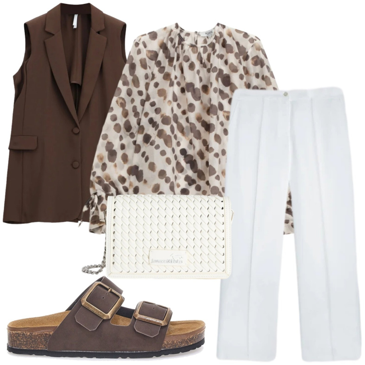 Outfit donna - Fantasia donante. Stile Glamour per Ufficio. Abbinamento con gilet, borse a tracolla, bluse, pantaloni, ciabatte.