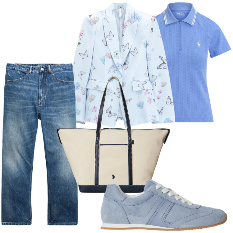 Outfit donna - Sneakers di tendenza. Stile Casual chic per Tutti i giorni. Abbinamento con blazer, sneakers, jeans, borse tote, polo.