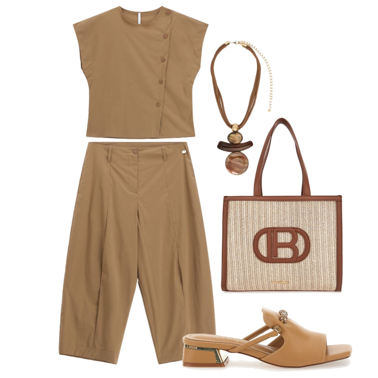 Outfit donna - Completo biscotto. Stile Casual chic per Tutti i giorni. Abbinamento con pantaloni, camicie a manica corta, ciondoli, ciabatte, borse a spalla.