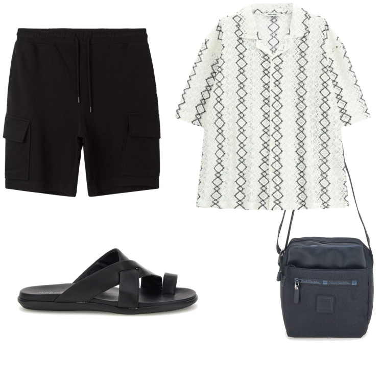 Outfit uomo - Bianco e nero. Stile Casual per Mare. Abbinamento con bermuda, camicie a manica corta, portafogli, sandali.