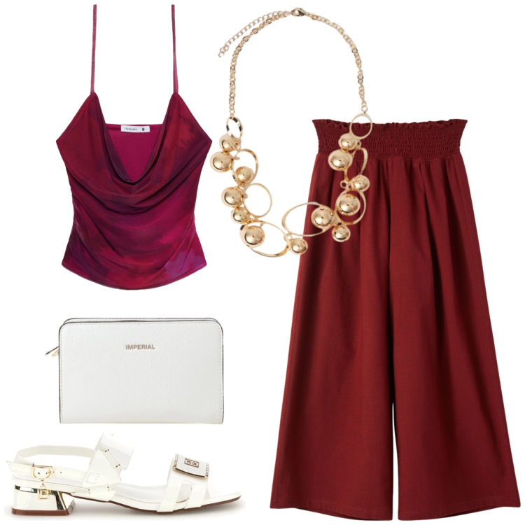 Outfit donna - Total look #2413717. Stile Chic per Serata fuori. Abbinamento con top, pantaloni culotte, borse a tracolla, collane, sandali col tacco.