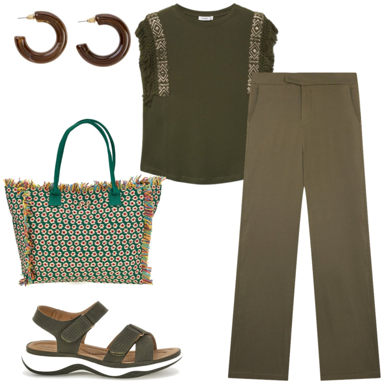 Outfit donna - Total look #2413718. Stile Casual per Tutti i giorni. Abbinamento con orecchini, pantaloni, t-shirt, sandali, shopping bag.