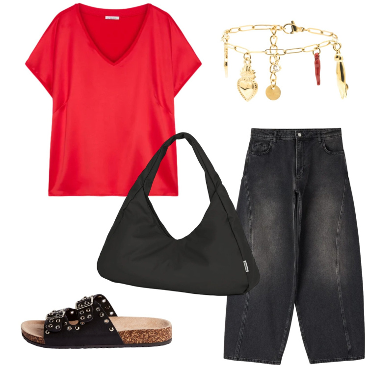 Outfit donna - Total look #2413719. Stile Casual per Tutti i giorni. Abbinamento con jeans, ciabatte, braccialetti, t-shirt, borse a spalla.