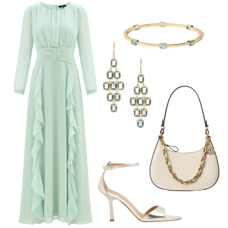Outfit donna - Cerimonia di giugno. Stile Chic per Cerimonia. Abbinamento con sandali in pelle, vestiti lunghi, borse a spalla, orecchini, braccialetti.