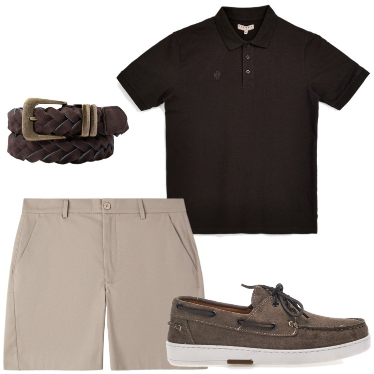 Outfit uomo - Polo marrone. Stile Trendy per Serata speciale. Abbinamento con pantaloni corti, cinture, polo, scarpe stringate.