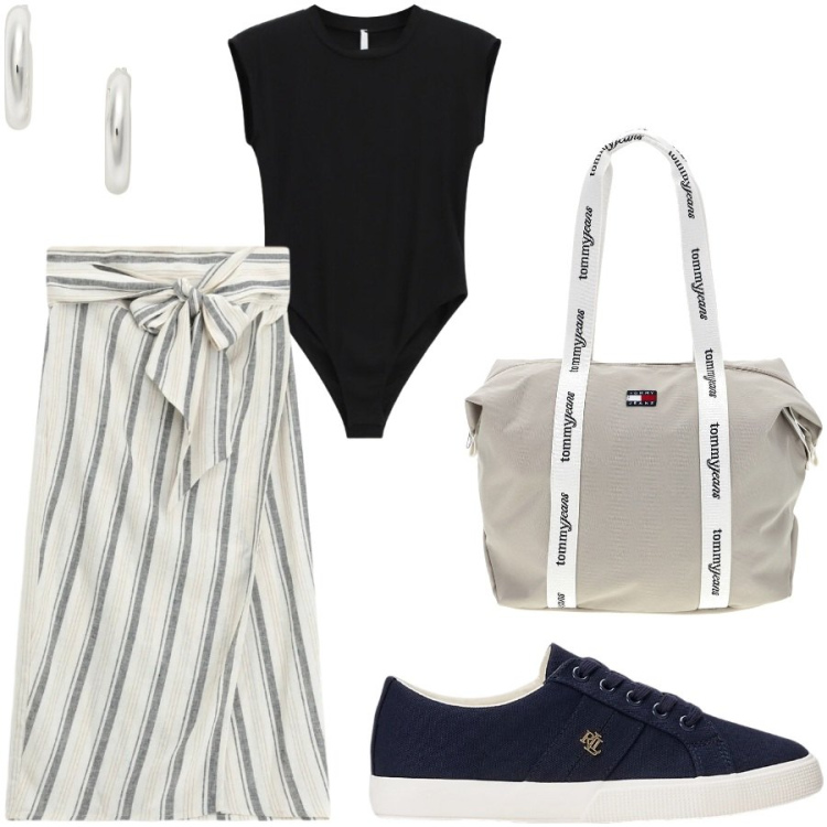 Outfit donna - Trendy. Stile Trendy per Tutti i giorni. Abbinamento con t-shirt, gonne longuette, sneakers, orecchini, shopping bag.
