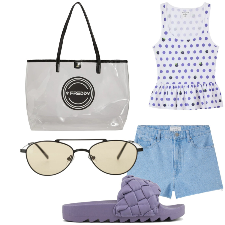 Outfit donna - Pranzo in spiaggia. Stile Basic per Mare. Abbinamento con shorts, canottiere, occhiali da sole, shopping bag, ciabatte.