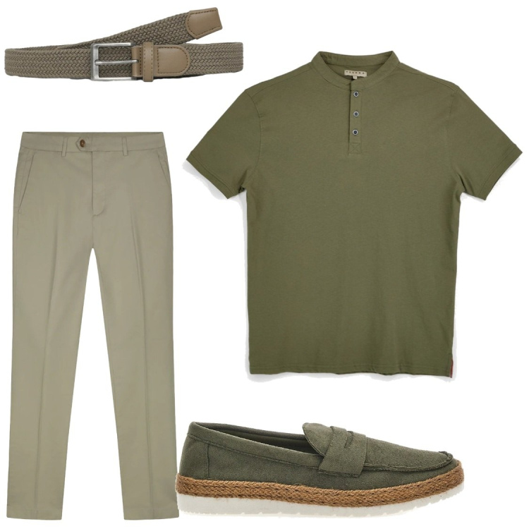 Outfit uomo - Sfumature green. Stile Trendy per Ufficio. Abbinamento con cinture, pantaloni, scarpe stringate, t-shirt.