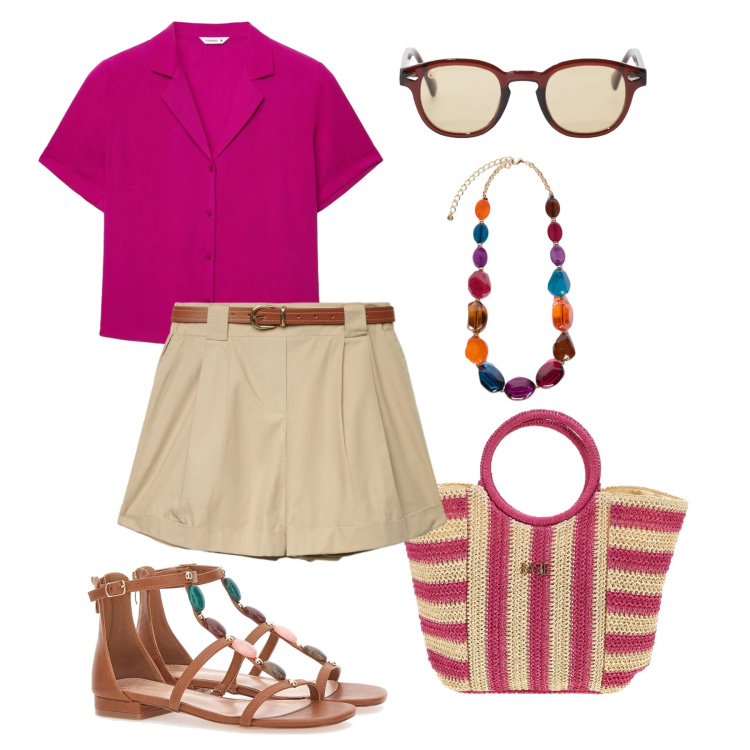Outfit donna - Vivace in città. Stile Casual per Tutti i giorni. Abbinamento con camicie a manica corta, shorts, occhiali da sole, collane, sandali gioiello, borse a mano.