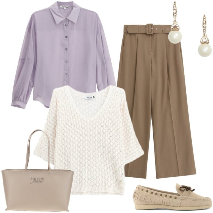Outfit donna - Total look #2413739. Stile Casual chic per Ufficio. Abbinamento con pantaloni a palazzo, canottiere, camicie, orecchini, mocassini, borse a spalla.