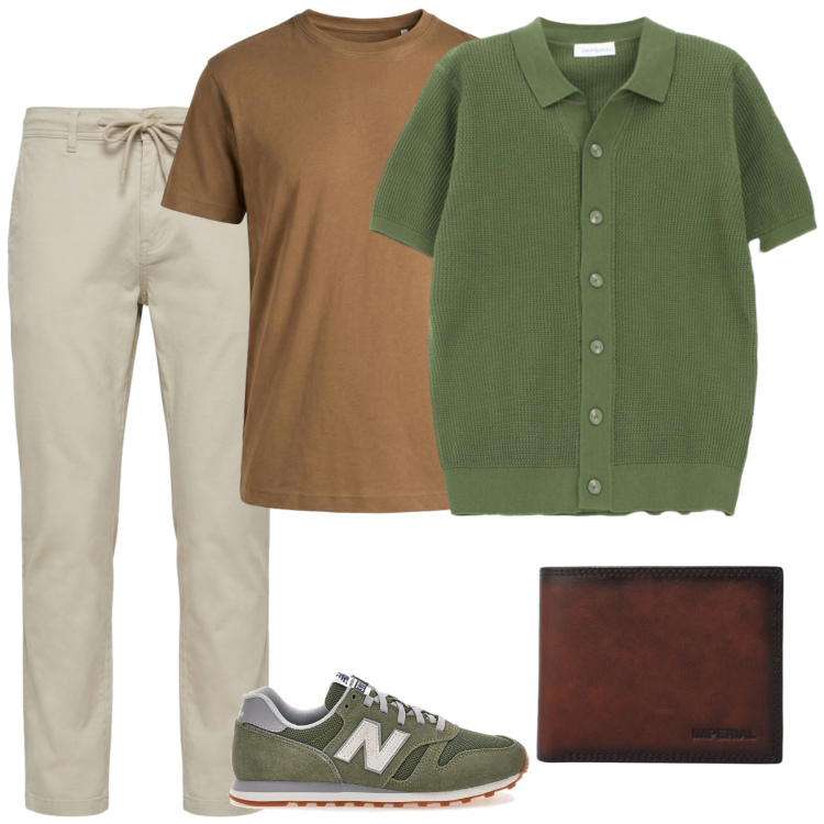 Outfit uomo - I colori della natura. Stile Trendy per Serata speciale. Abbinamento con portafogli, cardigans, t-shirt, pantaloni, sneakers.