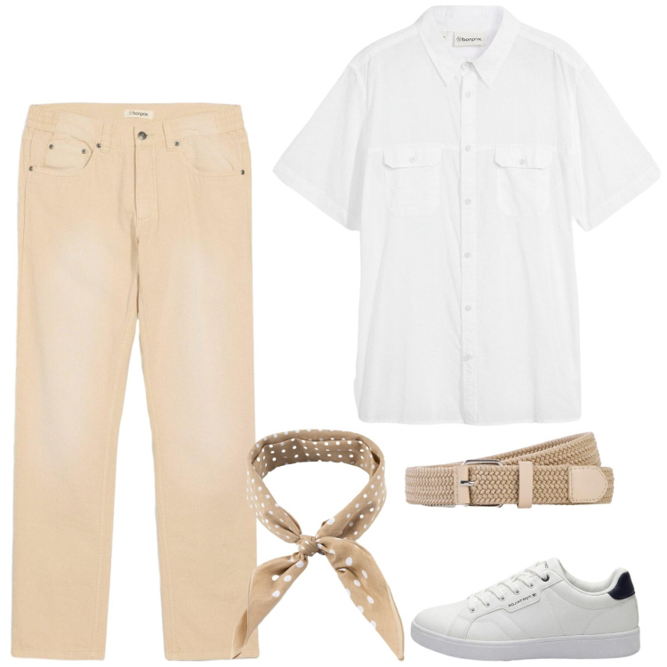 Outfit uomo - Freschezza. Stile Casual per Tutti i giorni. Abbinamento con camicie a manica corta, sneakers, jeans dritti, cinture, sciarpe e foulard.