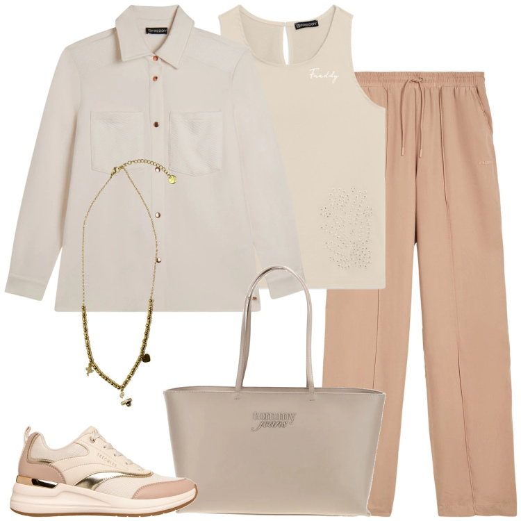 Outfit donna - Sporty Energy. Stile Sporty chic per Tutti i giorni. Abbinamento con pantaloni, ciondoli, camicie, top, sneakers, borse a spalla.