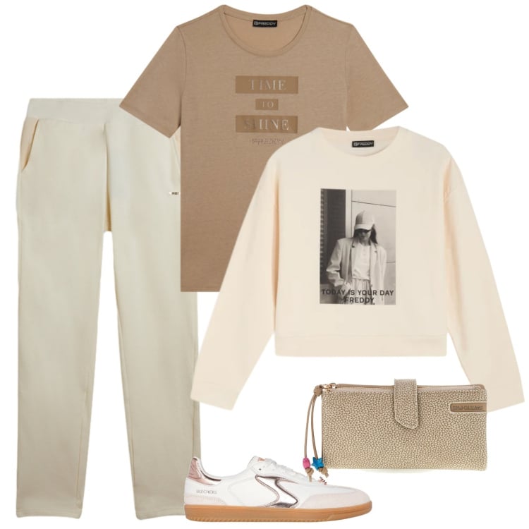 Outfit donna - Dettagli sportivi. Stile Sporty chic per Tutti i giorni. Abbinamento con pantaloni, t-shirt, felpe, sneakers, portafogli.