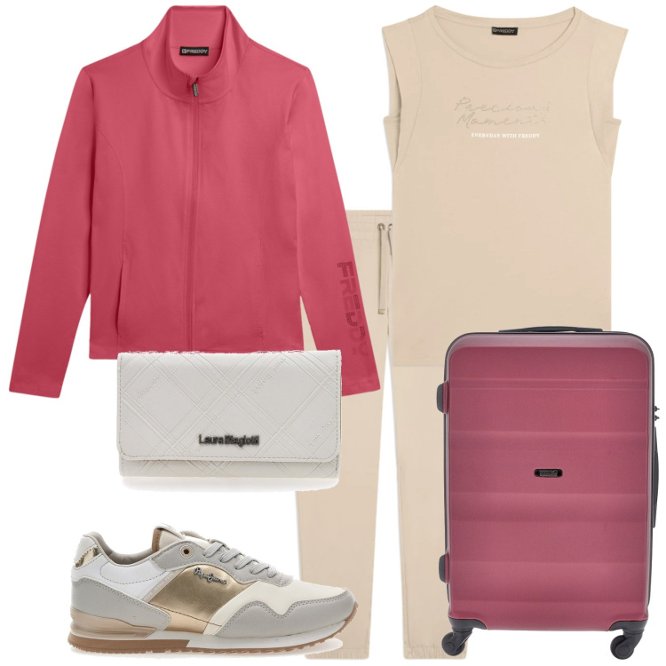 Outfit donna - Partenza energy. Stile Casual per Tutti i giorni. Abbinamento con felpe sportive, t-shirt, pantaloni cargo, valigie, sneakers, portafogli.