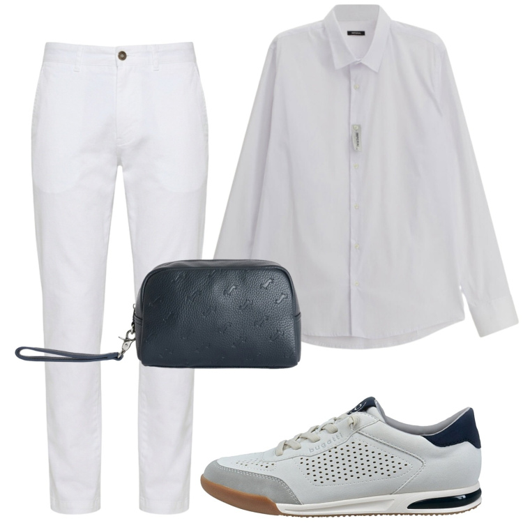 Outfit uomo - Bianco d\'estate. Stile Trendy per Tutti i giorni. Abbinamento con camicie, pantaloni, borse sportive, sneakers.