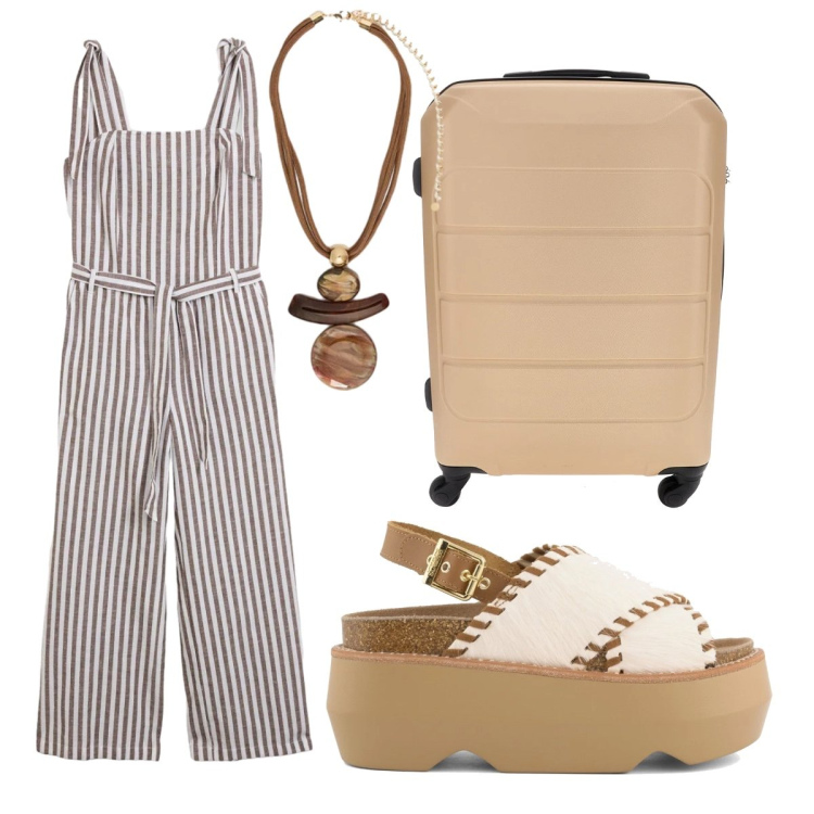 Outfit donna - In viaggio con la jumpsuit. Stile Casual per Tutti i giorni. Abbinamento con tute, ciondoli, zeppe, valigie.