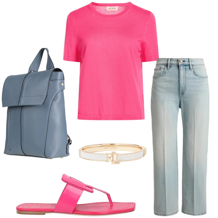 Outfit donna - Total look #2413751. Stile Casual per Tutti i giorni. Abbinamento con zaini, pullovers, ciabatte, jeans dritti, braccialetti.