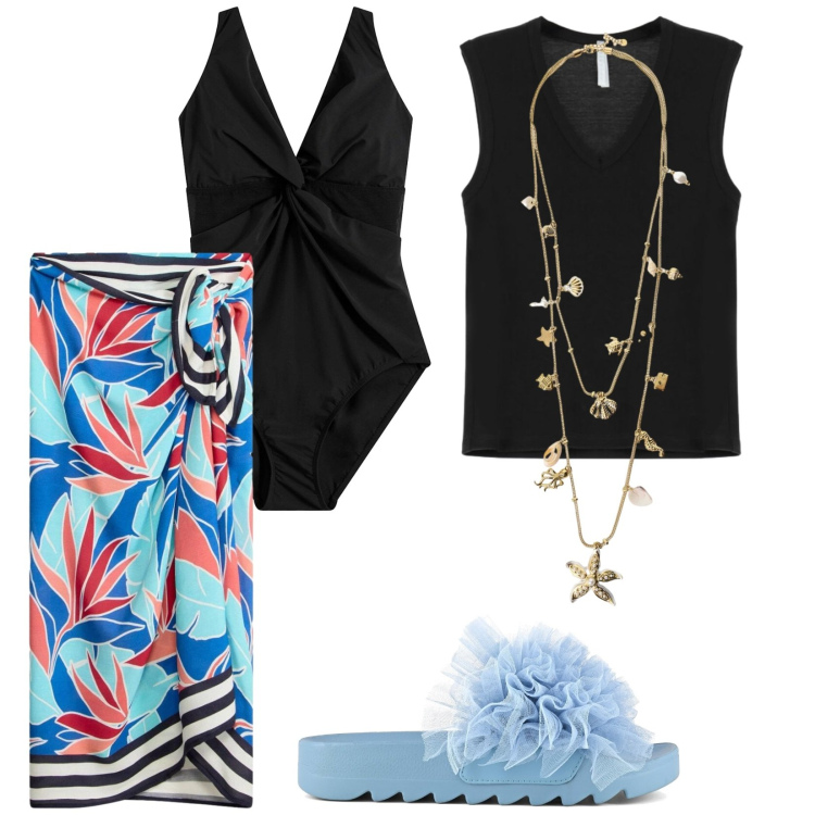 Outfit donna - Verso il mare. Stile Casual per Mare. Abbinamento con vestiti da spiaggia, costumi interi, top, collane, ciabatte.