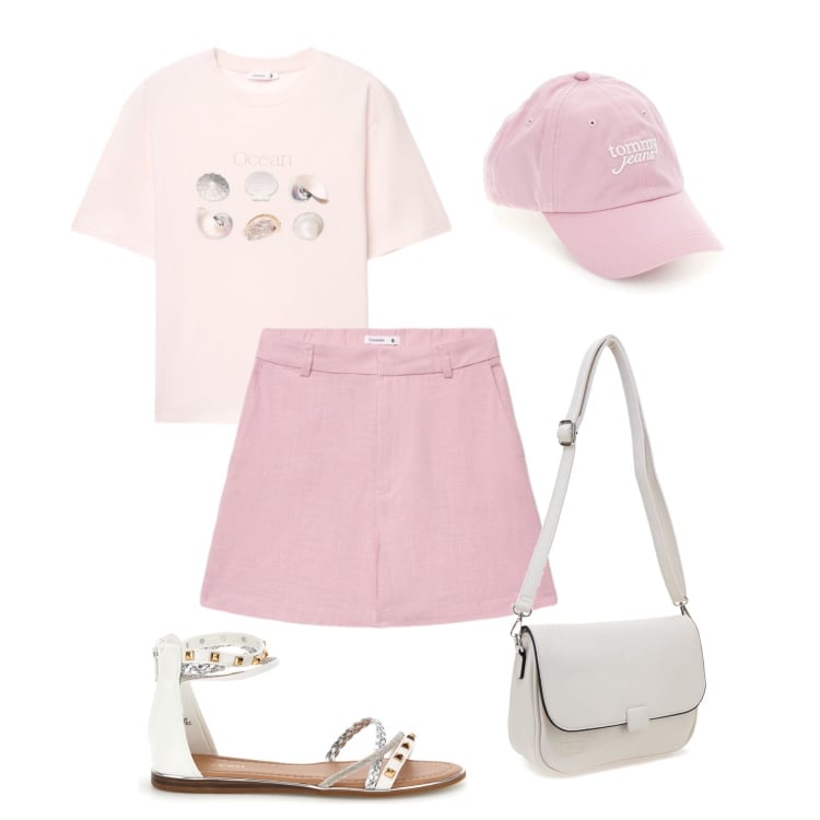 Outfit donna - Shorts bermuda rosa. Stile Casual per Tutti i giorni. Abbinamento con bermuda, t-shirt, borse a tracolla, cappelli con visiera, sandali.