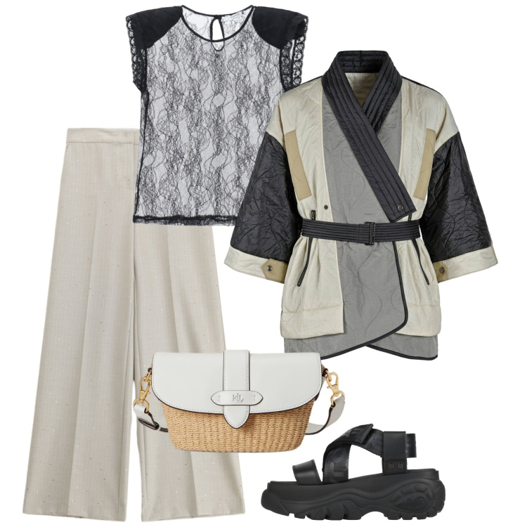 Outfit donna - Japandi. Stile Trendy per Tutti i giorni. Abbinamento con sandali in pelle, top, pantaloni a palazzo, borse a spalla, kimono.