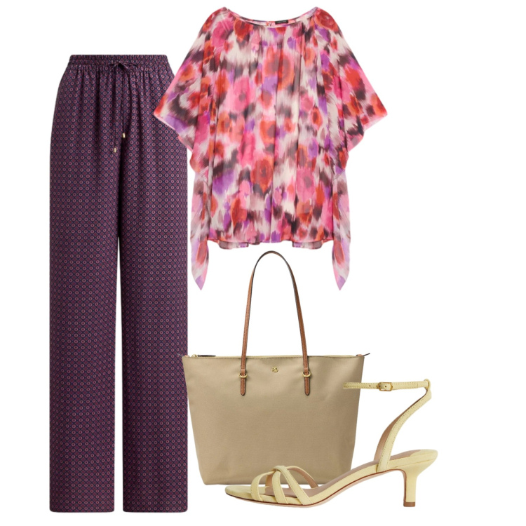 Outfit donna - Mix and match purple. Stile Chic per Tutti i giorni. Abbinamento con tuniche, borse tote, sandali col tacco, pantaloni.