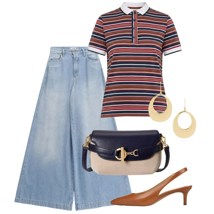 Outfit donna - Dinamica e chic. Stile Casual chic per Tutti i giorni. Abbinamento con polo, jeans, borse a tracolla, décolleté, orecchini.