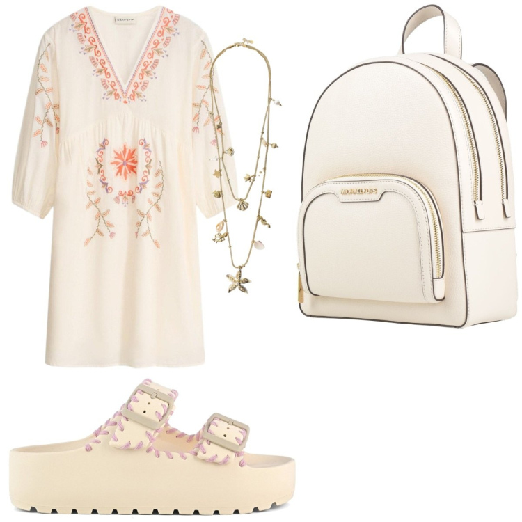 Outfit donna - Al profumo di patchouli. Stile Boho per Tutti i giorni. Abbinamento con zaini, vestiti corti, collane, ciabatte.