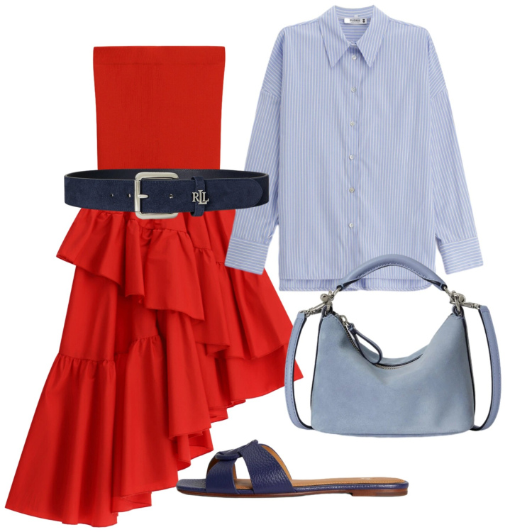 Outfit donna - Olè. Stile Chic per Tutti i giorni. Abbinamento con gonne lunghe, camicie, sandali in pelle, borse a spalla, cinture.
