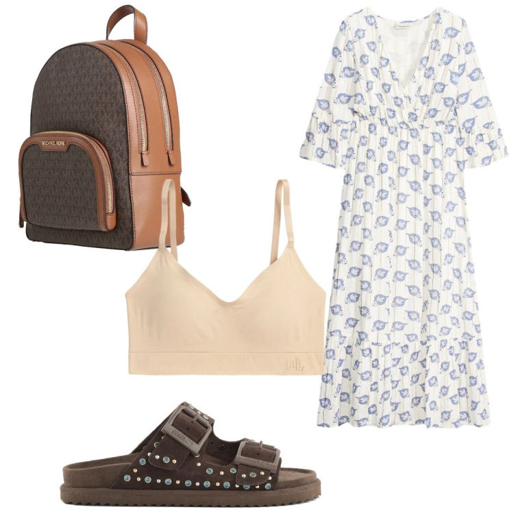 Outfit donna - Free. Stile Boho per Tutti i giorni. Abbinamento con zaini, vestiti lunghi, reggiseni, sandali in pelle.