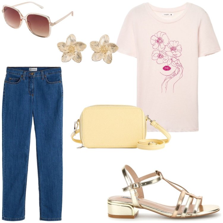 Outfit donna - Casual chic in estate. Stile Casual chic per Tutti i giorni. Abbinamento con occhiali da sole, borse a tracolla, jeans dritti, orecchini, t-shirt, sandali col tacco.