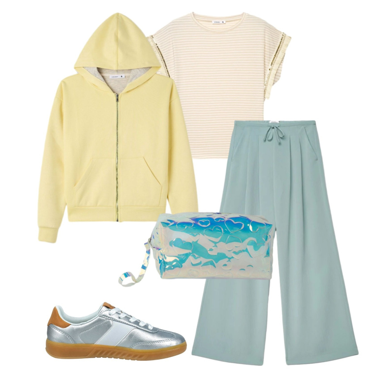 Outfit donna - Total look #2413776. Stile Casual per Tutti i giorni. Abbinamento con pochette, felpe con cappuccio, t-shirt, pantaloni, sneakers.