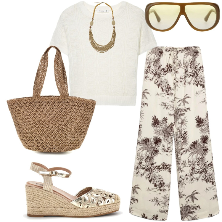 Outfit donna - Caffè con le amiche. Stile Basic per Tutti i giorni. Abbinamento con pantaloni, t-shirt, collane, occhiali da sole, zeppe, borse a spalla.