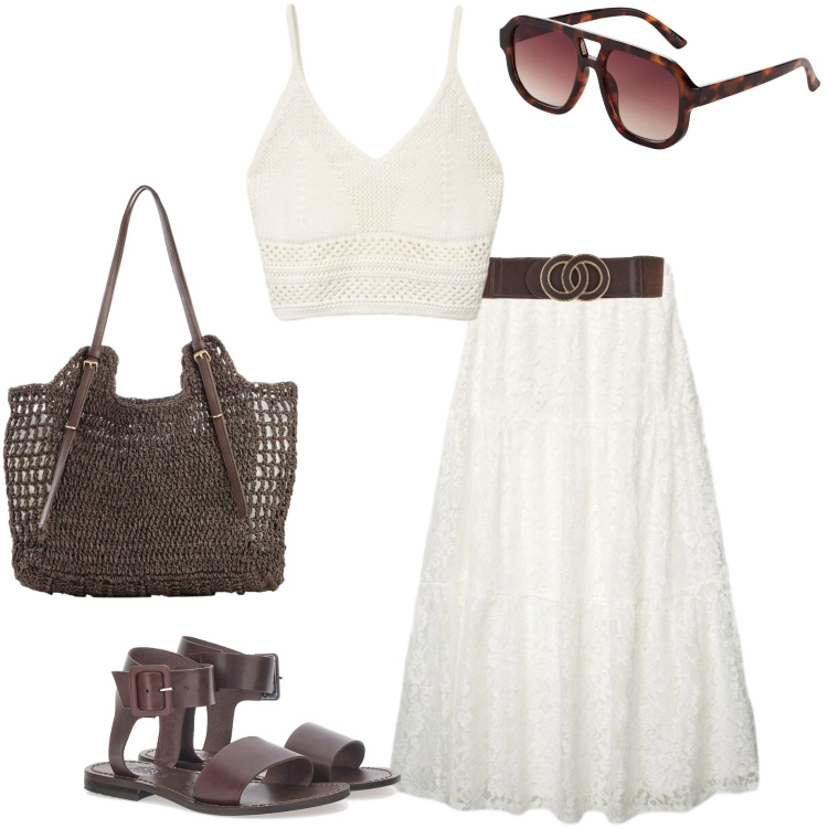 Outfit donna - Il bianco a giugno. Stile Boho per Mare. Abbinamento con occhiali da sole, shopping bag, gonne lunghe, top, sandali, cinture.