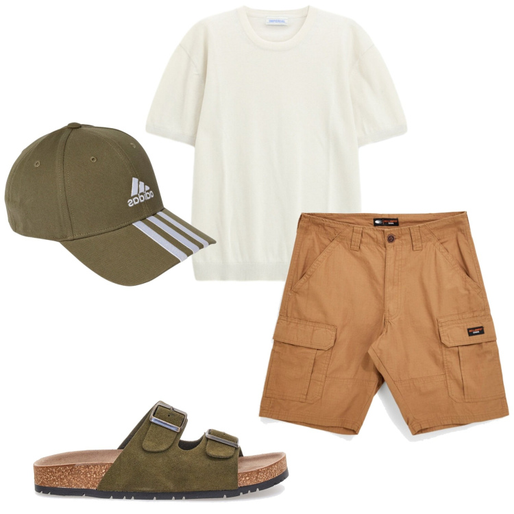 Outfit uomo - Sabato pomeriggio. Stile Casual per Tutti i giorni. Abbinamento con t-shirt, cappelli con visiera, bermuda, sandali.