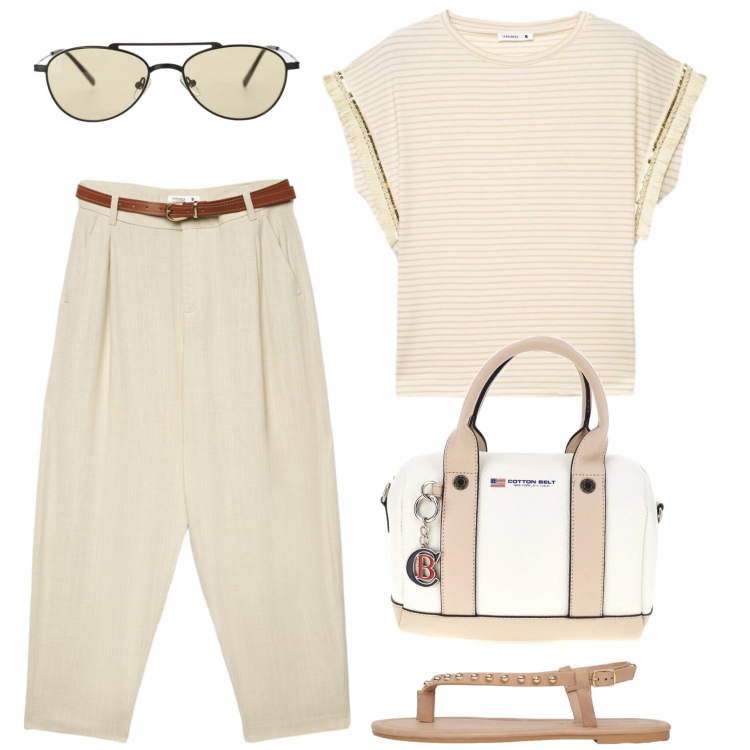 Outfit donna - Vedo chiaro. Stile Casual per Tutti i giorni. Abbinamento con pantaloni chino, t-shirt, ciabatte, occhiali da sole, borse a mano.