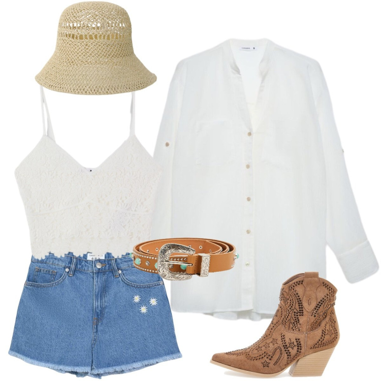 Outfit donna - Boho style. Stile Boho per Tutti i giorni. Abbinamento con shorts, cinture, top, camicie, cappelli, stivaletti texani.