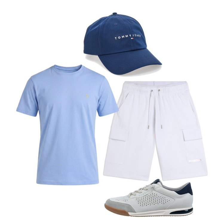 Outfit uomo - Camminata giornaliera. Stile Casual per Tutti i giorni. Abbinamento con t-shirt, bermuda, cappelli con visiera, sneakers.