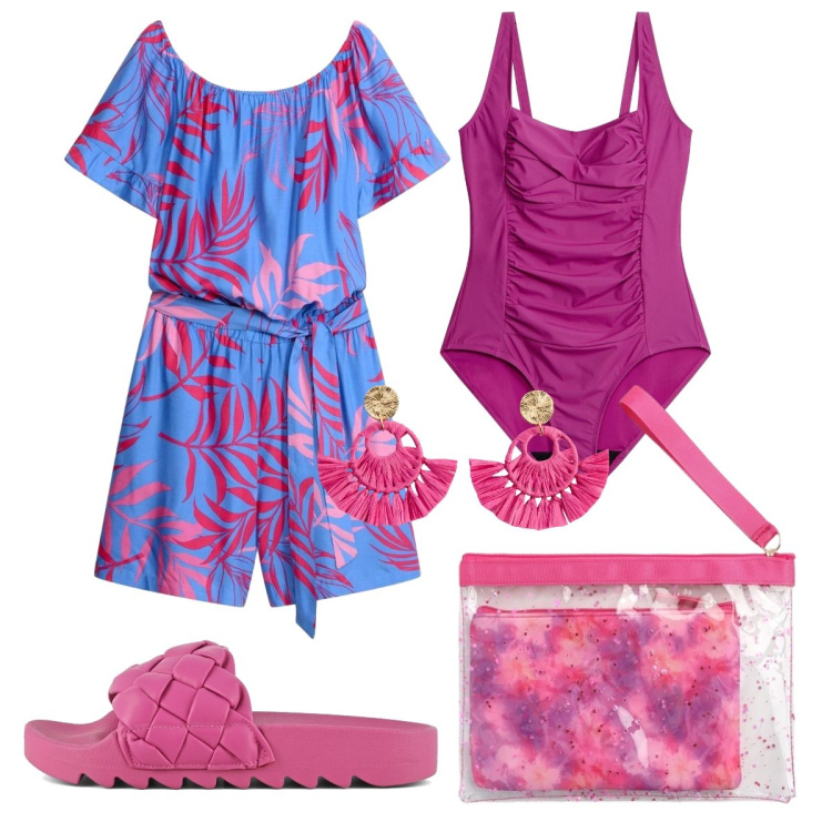 Outfit donna - Il costume fucsia. Stile Romantica per Mare. Abbinamento con costumi interi, tuta corta, orecchini, pochette, ciabatte.