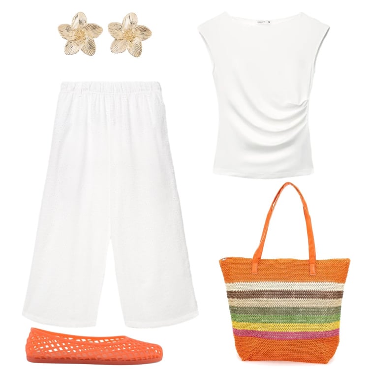 Outfit donna - Ballerine Jelly. Stile Casual per Tutti i giorni. Abbinamento con orecchini, top, pantaloni, shopping bag, ballerine.