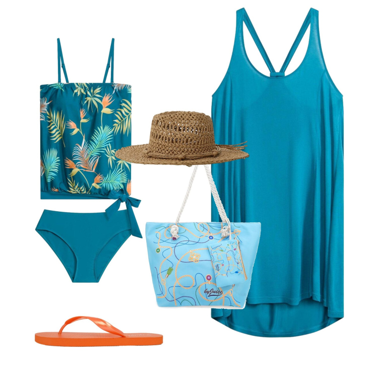 Outfit donna - Laguna Tropicale. Stile Romantica per Mare. Abbinamento con vestiti da spiaggia, costumi interi, infradito, cappelli, shopping bag.